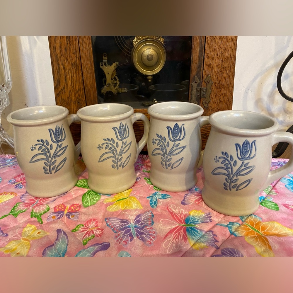 4 Pfaltzgraff mugs- gray/blue Tulip pattern
